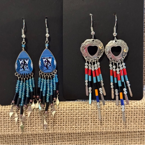 Set of 2 pairs Boho / Southwestern Earrings - silver beaded dangles blues, red - Picture 5 of 11